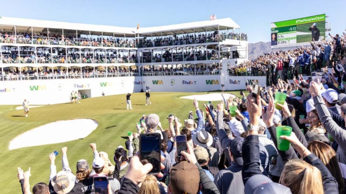Crowd cheering at 16th hole at the Waste Management Phoenix Open